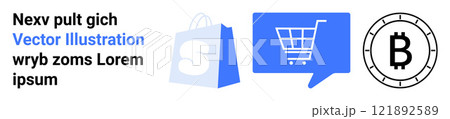 Blue shopping bag with S, blue shopping cart chat bubble, black Bitcoin symbol. Ideal for e-commerce, online transactions, cryptocurrencies, digital marketing, and fintech. Landing page 121892589
