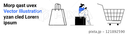 Woman with a phone, shopping bag, and shopping cart. Ideal for e-commerce, online shopping, digital retail, marketing, and web design. Banner for landing page 121892590