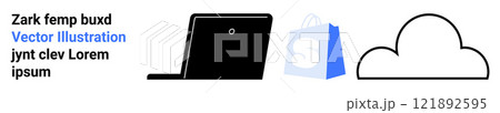 A black laptop, a blue shopping bag, and a black outlined cloud. Ideal for e-commerce, online shopping, digital marketing, cloud computing, and technology solutions. Landing page 121892595