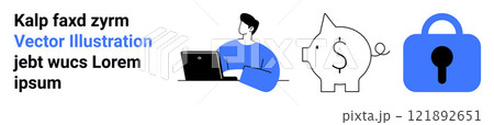 Person working on a laptop, a piggy bank with a dollar sign, and a blue padlock. Ideal for online security and savings, personal finance, digital banking, financial planning, and data protection 121892651