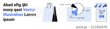 Abstract design with shopping bag, charts, and mobile shopping cart. Ideal for online shopping, e-commerce, retail analytics, digital marketing, and business strategy. Banner for landing page Abstract design with shopping bag, charts, and mobile shopping cart. Ideal for online shopping, e-commerce, retail analytics, digital marketing, and business strategy. Banner for landing page 121892676