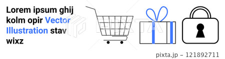 Contains a shopping cart, a gift box, and a lock. Ideal for online shopping, e-commerce, gift giving, security, and digital transactions. Banner for landing page Contains a shopping cart, a gift box, and a lock. Ideal for online shopping, e-commerce, gift giving, security, and digital transactions. Banner for landing page 121892711
