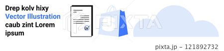 Document, shopping bag with a logo, and cloud icons. Ideal for online shopping, cloud storage, digital documents, retail, and minimalist designs. Landing page Document, shopping bag with a logo, and cloud icons. Ideal for online shopping, cloud storage, digital documents, retail, and minimalist designs. Landing page 121892732