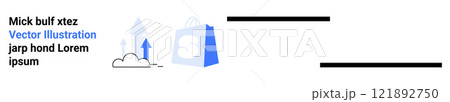 Blue shopping bag with an S and upward arrows on a white background. Ideal for online shopping, e-commerce, digital marketing, business growth, and retail websites. Landing page 121892750
