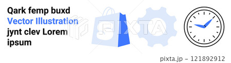 Shopping bag, gear, and clock are visible with text elements. Ideal for e-commerce efficiency time management productivity online shopping technology. Landing page Shopping bag, gear, and clock are visible with text elements. Ideal for e-commerce efficiency time management productivity online shopping technology. Landing page 121892912