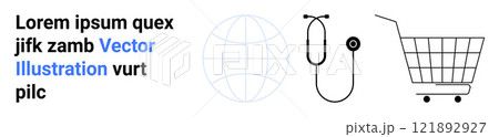 Simple illustration includes a globe, a stethoscope, and a shopping cart, accompanied by placeholder text. Ideal for healthcare themes, global services, shopping platforms, medical presentations Simple illustration includes a globe, a stethoscope, and a shopping cart, accompanied by placeholder text. Ideal for healthcare themes, global services, shopping platforms, medical presentations 121892927