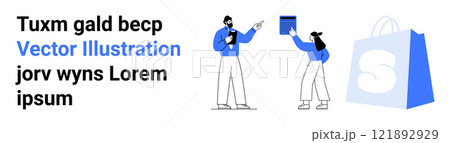 Man and woman with clipboard and tablet. Blue shopping bag icon. Ideal for e-commerce, online shopping, business presentations, marketing materials, website headers. Landing page Man and woman with clipboard and tablet. Blue shopping bag icon. Ideal for e-commerce, online shopping, business presentations, marketing materials, website headers. Landing page 121892929