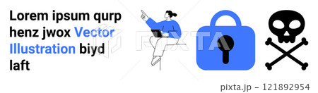 Person using a laptop points at data, accompanied by a blue lock and a skull and crossbones symbol. Ideal for cybersecurity, data protection, online threats, hacking, and safety measures. Banner Person using a laptop points at data, accompanied by a blue lock and a skull and crossbones symbol. Ideal for cybersecurity, data protection, online threats, hacking, and safety measures. Banner 121892954