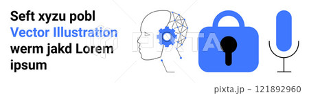 Human head with gear, digital lock, and microphone. Ideal for AI technology, cybersecurity, voice recognition, digital transformation, and data protection concepts. Banner for landing page Human head with gear, digital lock, and microphone. Ideal for AI technology, cybersecurity, voice recognition, digital transformation, and data protection concepts. Banner for landing page 121892960