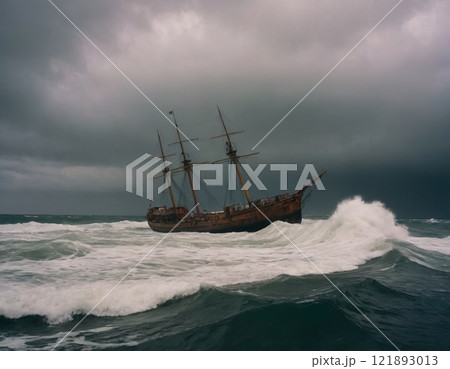 seascape old sailing ship in stormy waves 121893013