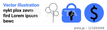 Blue dollar sign, blue lock with keyhole, and abstract tree-like shapes in black Ideal for financial security, online banking, secure payments, data protection, financial services. Banner for landing 121893046