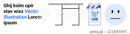 Simplistic design featuring a cartoonish face, a table, and a mobile phone with a shopping cart icon. Ideal for e-commerce, online shopping, web design, digital marketing, and user experience themes Simplistic design featuring a cartoonish face, a table, and a mobile phone with a shopping cart icon. Ideal for e-commerce, online shopping, web design, digital marketing, and user experience themes 121893047