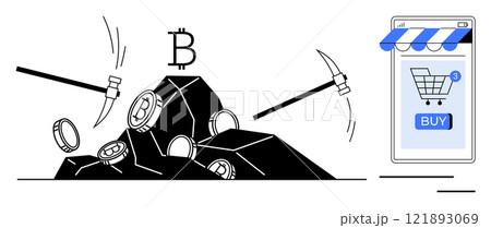 Pickaxes and bitcoin symbols emerging from rocks signifying mining with a shopping cart icon on a smartphone screen. Ideal for cryptocurrency, bitcoin mining, digital finance, e-commerce, technology Pickaxes and bitcoin symbols emerging from rocks signifying mining with a shopping cart icon on a smartphone screen. Ideal for cryptocurrency, bitcoin mining, digital finance, e-commerce, technology 121893069