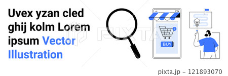 Mobile device displaying shopping cart, magnifying glass for search, customer service agent with headset. Ideal for e-commerce, online shopping, customer support, digital marketing, SEO. Banner Mobile device displaying shopping cart, magnifying glass for search, customer service agent with headset. Ideal for e-commerce, online shopping, customer support, digital marketing, SEO. Banner 121893070