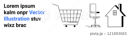 Shopping cart, office chair, and house outline with placeholder text. Ideal for e-commerce, office furniture, real estate, placeholder text usage, modern design. Banner for landing page Shopping cart, office chair, and house outline with placeholder text. Ideal for e-commerce, office furniture, real estate, placeholder text usage, modern design. Banner for landing page 121893083