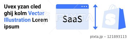 A mockup browser window with SaaS text next to a shopping bag with an up and down arrow between them. Ideal for SaaS, e-commerce, web development, online services, digital platforms. Landing page 121893113