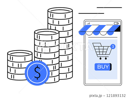 Stack of coins next to a smartphone with a shopping cart and buy button. Ideal for e-commerce, online shopping, mobile payments, financial growth, digital marketing. Minimalist vector style Stack of coins next to a smartphone with a shopping cart and buy button. Ideal for e-commerce, online shopping, mobile payments, financial growth, digital marketing. Minimalist vector style 121893132