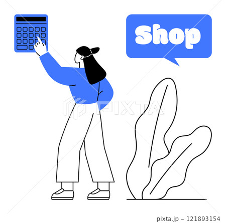 Woman standing and holding a calculator with a shop sign. Large plant in background. Ideal for retail, shopping, e-commerce, finance, budgeting, contemporary vector style 121893154