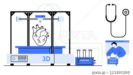 3D printer creating a human heart, stethoscope, lab equipment, and a person offering cash back Ideal for healthcare technology, medical research, biotechnology, financial incentives, and innovation 121893260