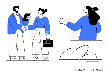 A man and a woman shaking hands while holding documents and a briefcase, with another woman pointing. Ideal for business, collaboration, teamwork, professional relationships, and communication A man and a woman shaking hands while holding documents and a briefcase, with another woman pointing. Ideal for business, collaboration, teamwork, professional relationships, and communication 121893275