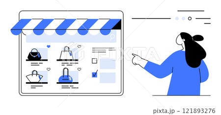 A woman points to a screen under an awning with several handbag options. Ideal for e-commerce, online shopping, digital marketing, product listing, user interface design. Modern clean style A woman points to a screen under an awning with several handbag options. Ideal for e-commerce, online shopping, digital marketing, product listing, user interface design. Modern clean style 121893276