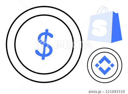 Blue dollar sign in large circle and shopping bag with white S. Ideal for finance, cryptocurrency, e-commerce, online shopping, digital transactions. Simple and modern style 121893310