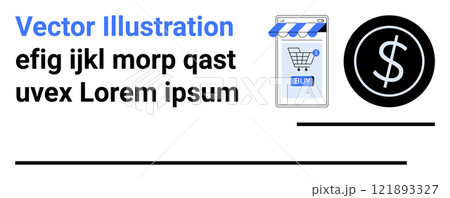 Shopping cart on a smartphone screen and currency symbol. Ideal for online shopping, mobile commerce, digital marketplace, financial transactions, retail business. Banner for landing page Shopping cart on a smartphone screen and currency symbol. Ideal for online shopping, mobile commerce, digital marketplace, financial transactions, retail business. Banner for landing page 121893327
