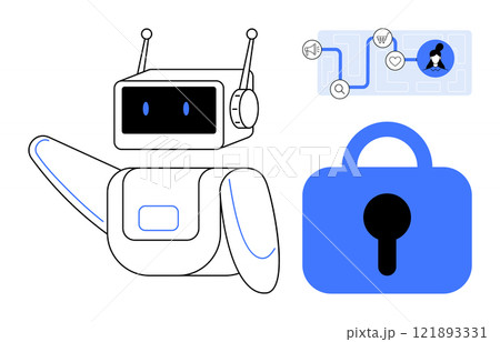 A robot waving alongside a blue security lock highlights themes of cybersecurity, AI assistance, and technology. An additional icon suggests digital navigation, emphasizing secure, user-friendly tech A robot waving alongside a blue security lock highlights themes of cybersecurity, AI assistance, and technology. An additional icon suggests digital navigation, emphasizing secure, user-friendly tech 121893331