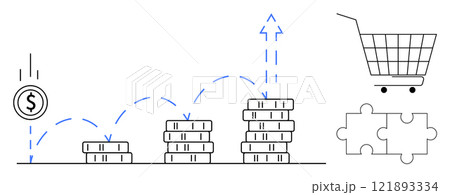 Stacked coins with upward arrows, a shopping cart, and puzzle pieces. Ideal for finance, investment growth, economic strategies, financial planning, and business solutions. Line art style Stacked coins with upward arrows, a shopping cart, and puzzle pieces. Ideal for finance, investment growth, economic strategies, financial planning, and business solutions. Line art style 121893334