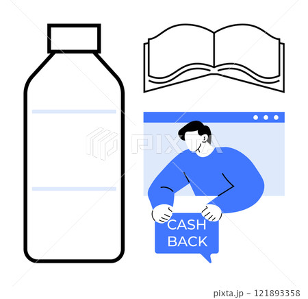 Various elements including a plastic bottle, an open book, and a person holding a cashback sign. Ideal for environmental awareness, recycling education, financial literacy, promotional campaigns 121893358