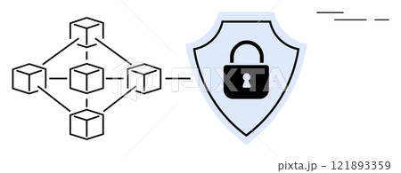 Simple representation of interconnected blocks and a shield with a lock highlights data security and blockchain. Ideal for technology, cybersecurity, data privacy, blockchain, and digital security 121893359