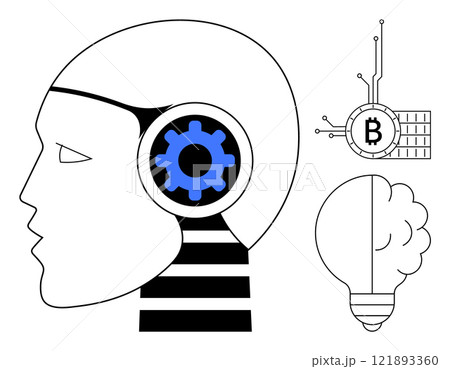 A head with a gear inside, symbolizing human intelligence fused with technology a brain-shaped light bulb representing innovation, and a Bitcoin symbol intertwined with circuits. Ideal for 121893360