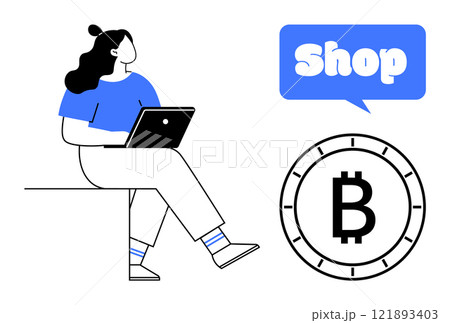 Woman with laptop sitting on edge alongside a speech bubble with word Shop and a Bitcoin coin. Ideal for themes of online shopping cryptocurrency digital transactions technology and modern business 121893403