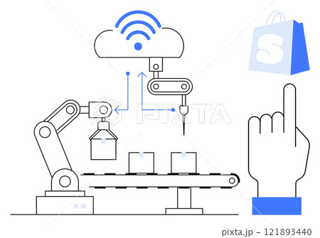Robotic arm on conveyor belt connected to cloud via wireless signal. Finger pointing towards shopping bag icon demonstrating automation and digital commerce. Ideal for manufacturing, e-commerce Robotic arm on conveyor belt connected to cloud via wireless signal. Finger pointing towards shopping bag icon demonstrating automation and digital commerce. Ideal for manufacturing, e-commerce 121893440