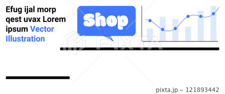 Shop text in chat bubble with a background featuring a bar graph with an upward trend. Ideal for digital marketing ecommerce business performance analysis data visualization online shopping. Banner Shop text in chat bubble with a background featuring a bar graph with an upward trend. Ideal for digital marketing ecommerce business performance analysis data visualization online shopping. Banner 121893442