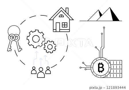 House with gears and keys representing real estate and technology Bitcoin symbolizing cryptocurrency, and pyramids reflecting history Ideal for real estate technology cryptocurrency finance history 121893444