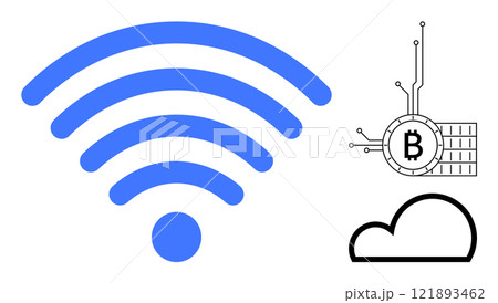 Large blue wireless signal symbol next to a black cloud icon and a stylized Bitcoin symbol with circuit lines. Ideal for technology themes cryptocurrency wireless networks cloud computing and digital 121893462