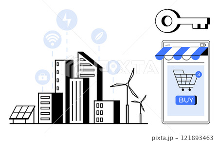 Black and white cityscape with solar panels and wind turbines next to a smartphone screen with a shopping cart. Ideal for smart city technology, renewable energy, e-commerce, sustainability 121893463