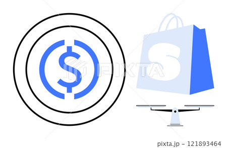 Currency symbol within concentric rings next to a shopping bag with a large S on a scale. Ideal for finance, e-commerce, balance, trade, shopping. Vector image in blue and black colours. Simple style 121893464