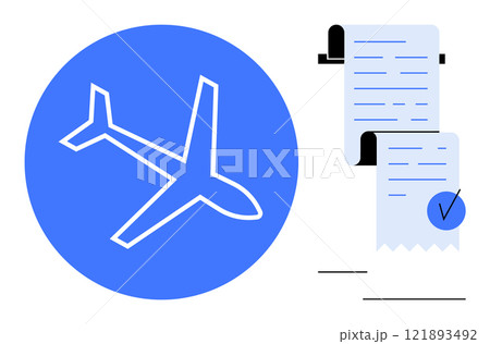 Blue circle with airplane symbol and two receipts with check marks. Ideal for travel, finance, business, expense management, record-keeping. Simple and modern style emphasizing clarity Blue circle with airplane symbol and two receipts with check marks. Ideal for travel, finance, business, expense management, record-keeping. Simple and modern style emphasizing clarity 121893492