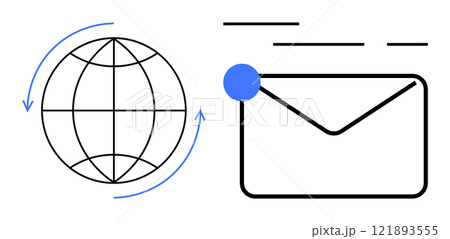 Globe with arrows symbolizing worldwide connection next to an email envelope with lines implying movement. Ideal for global communication, email services, connectivity, digital correspondence Globe with arrows symbolizing worldwide connection next to an email envelope with lines implying movement. Ideal for global communication, email services, connectivity, digital correspondence 121893555