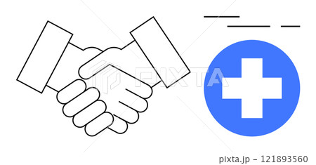 Two hands shaking near a blue medical cross Ideal for themes of healthcare, collaboration, mutual support, agreement, and partnership Simple line art style in black, white, and blue excellently Two hands shaking near a blue medical cross Ideal for themes of healthcare, collaboration, mutual support, agreement, and partnership Simple line art style in black, white, and blue excellently 121893560