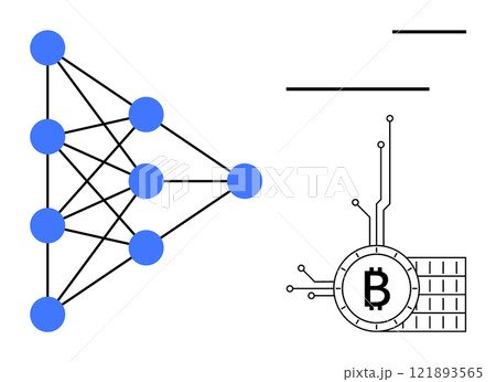 Network of interconnected blue nodes next to a blockchain symbol with a Bitcoin logo. Ideal for technology, blockchain, cryptocurrency, digital networks, and data science themes. Simple vector style 121893565