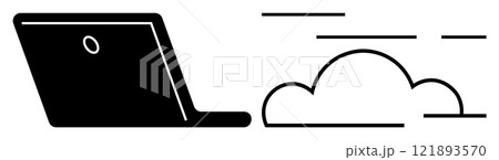 Black silhouette of an open laptop with lines connecting to a cloud. Ideal for cloud computing, technology, data storage, internet services, and digital connectivity. Simple modern design Black silhouette of an open laptop with lines connecting to a cloud. Ideal for cloud computing, technology, data storage, internet services, and digital connectivity. Simple modern design 121893570