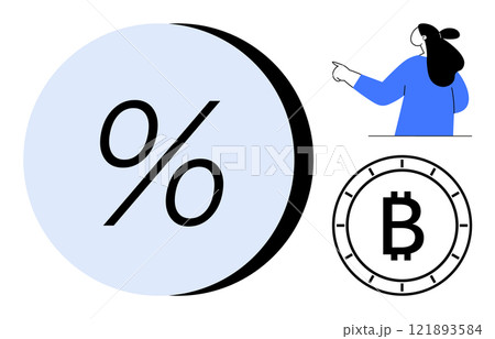 Large percentage symbol, woman pointing, and Bitcoin symbol. Ideal for finance education, investing, cryptocurrency, interest rates, and digital economy. Minimalist graphic style Large percentage symbol, woman pointing, and Bitcoin symbol. Ideal for finance education, investing, cryptocurrency, interest rates, and digital economy. Minimalist graphic style 121893584