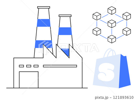Factory with smokestacks, a network of blocks symbolizing blockchain, and a shopping bag. Ideal for manufacturing, technology, blockchain, e-commerce, and retail industries. Minimalist vector art 121893610