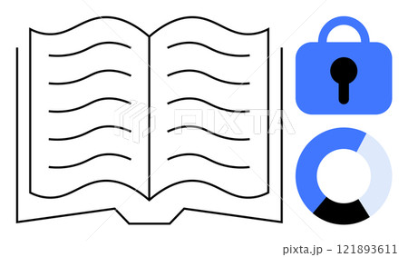 Open book with black lines representing text. Blue lock icon symbolizing security and privacy next to it. Below is a pie chart in blue, black, and white. Ideal for privacy, security, data analytics Open book with black lines representing text. Blue lock icon symbolizing security and privacy next to it. Below is a pie chart in blue, black, and white. Ideal for privacy, security, data analytics 121893611