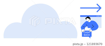 Large cloud shape next to a person holding a cashback sign against a web page. Arrow points to the elements. Ideal for technology, cloud storage, financial benefits, online services, web development 121893670