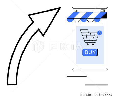 Phone screen with shopping app, cart icon, buy button, blue striped awning, and arrow pointing at app Phone screen with shopping app, cart icon, buy button, blue striped awning, and arrow pointing at app 121893673