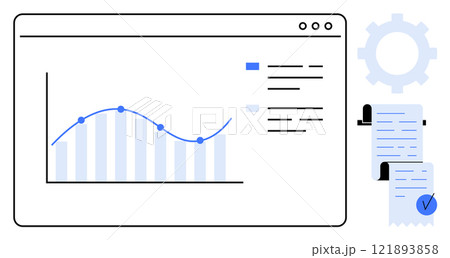 Graph with data points on a screen beside documents and a gear icon. Ideal for business, data analysis, finance, project management, and statistics. Simplistic vector style with blue tones 121893858